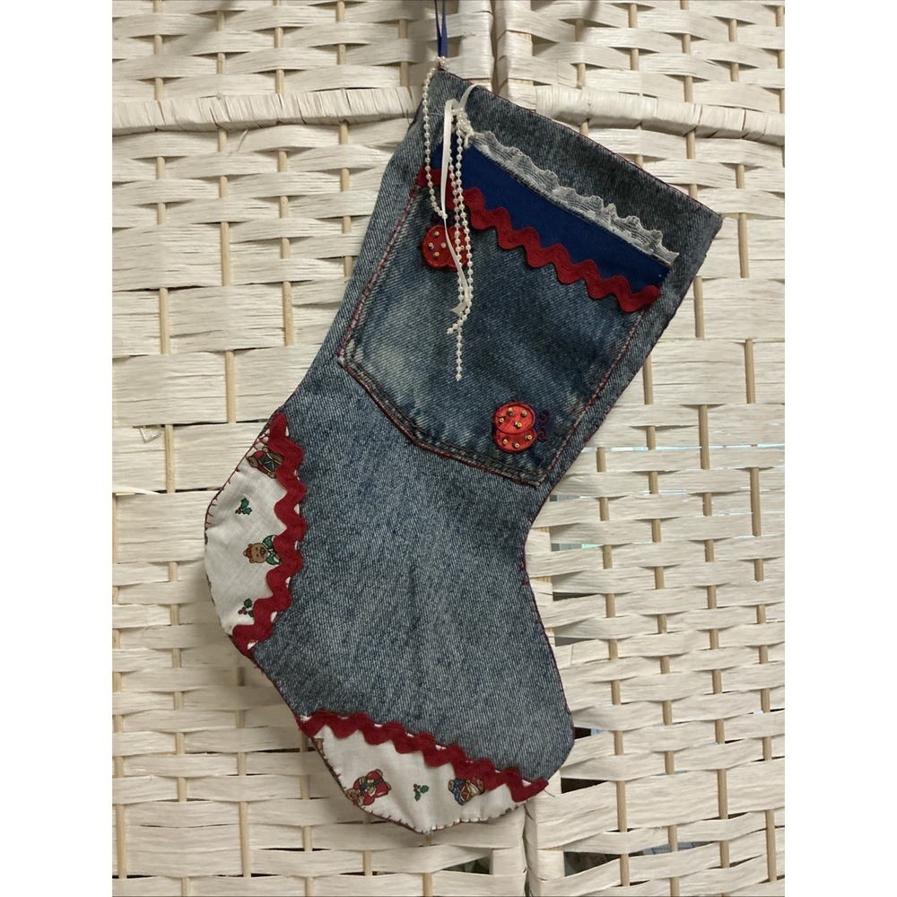 Handmade 15" Denim Christmas Stocking Lace, Bead Accents w/Pocket